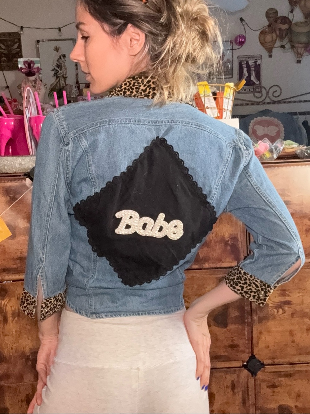 EKA Upcycled Denim 'Babe' Pearl Patch Jacket with velvet Leopard Trims